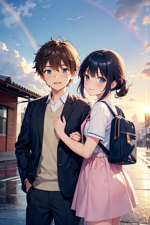 1girl and 1boy, girl have a school bag,boy is smile,girl is shy, blush and cute,after school,in town, after the rain,sky,rainbow,sun