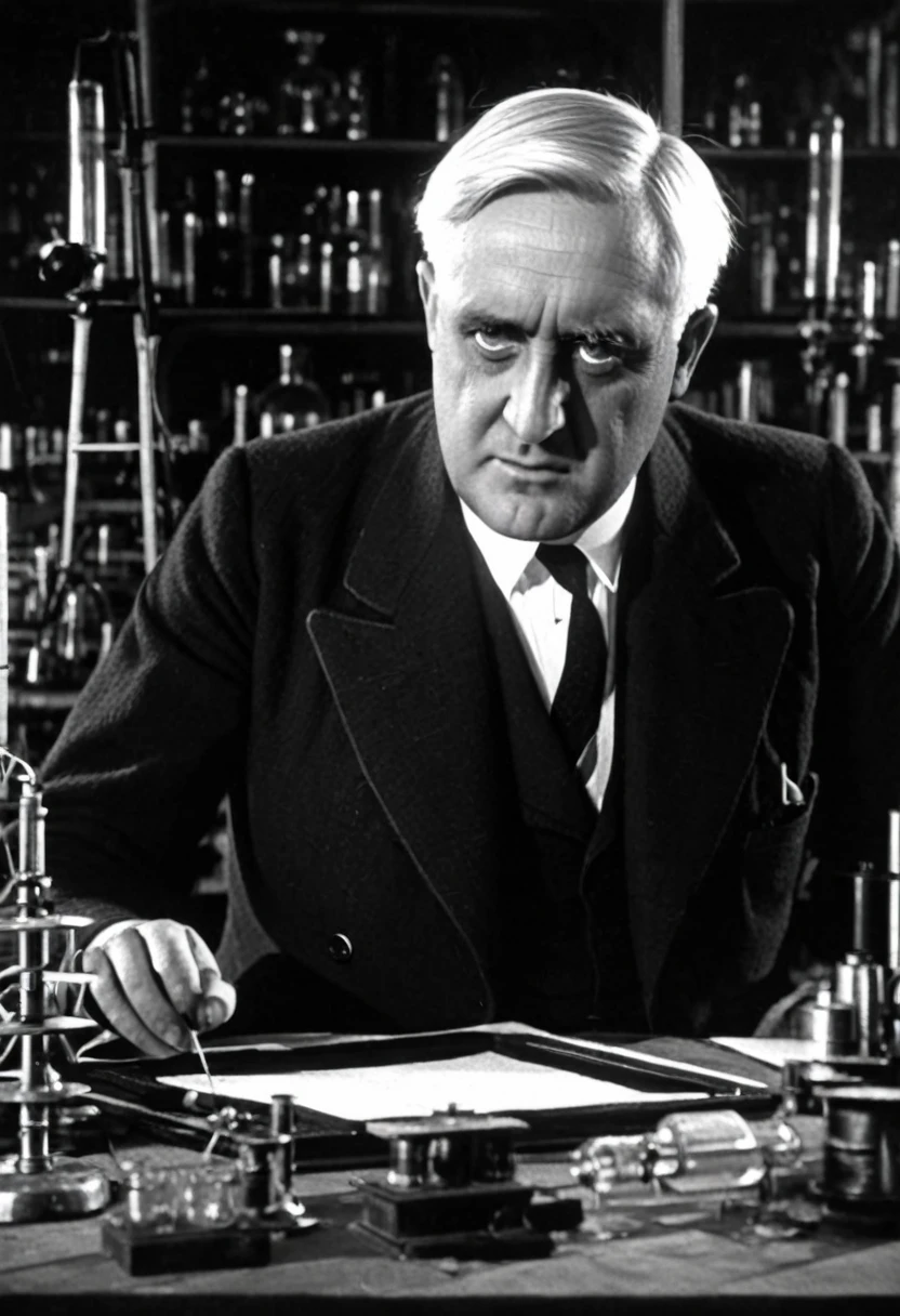Show Alexander Fleming in his laboratory Focus on the expression of surprise looking at the results of his experiments