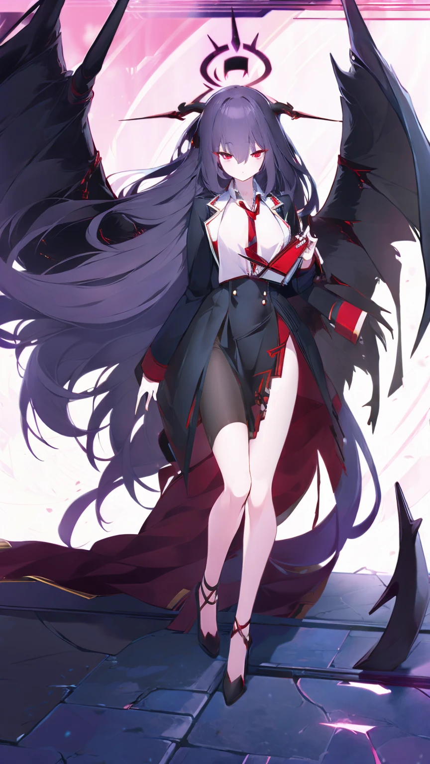 (masterpiece, top quality, official art, best quality:1.2), extremely detailed, (1 girl with black long hair, red eyes, large chest, tall:1.1),(demon horns, demon wings:1), full body, blue archive, Gehenna School, outside, school yard