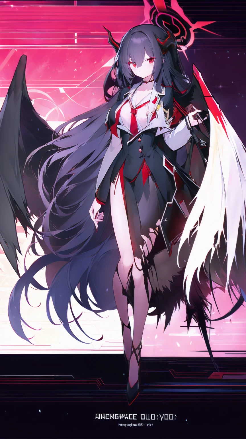 (masterpiece, top quality, official art, best quality:1.2), extremely detailed, (1 girl with black long hair, red eyes, large chest, tall:1.1),(demon horns, demon wings:1), full body, blue archive, Gehenna School, outside, school yard