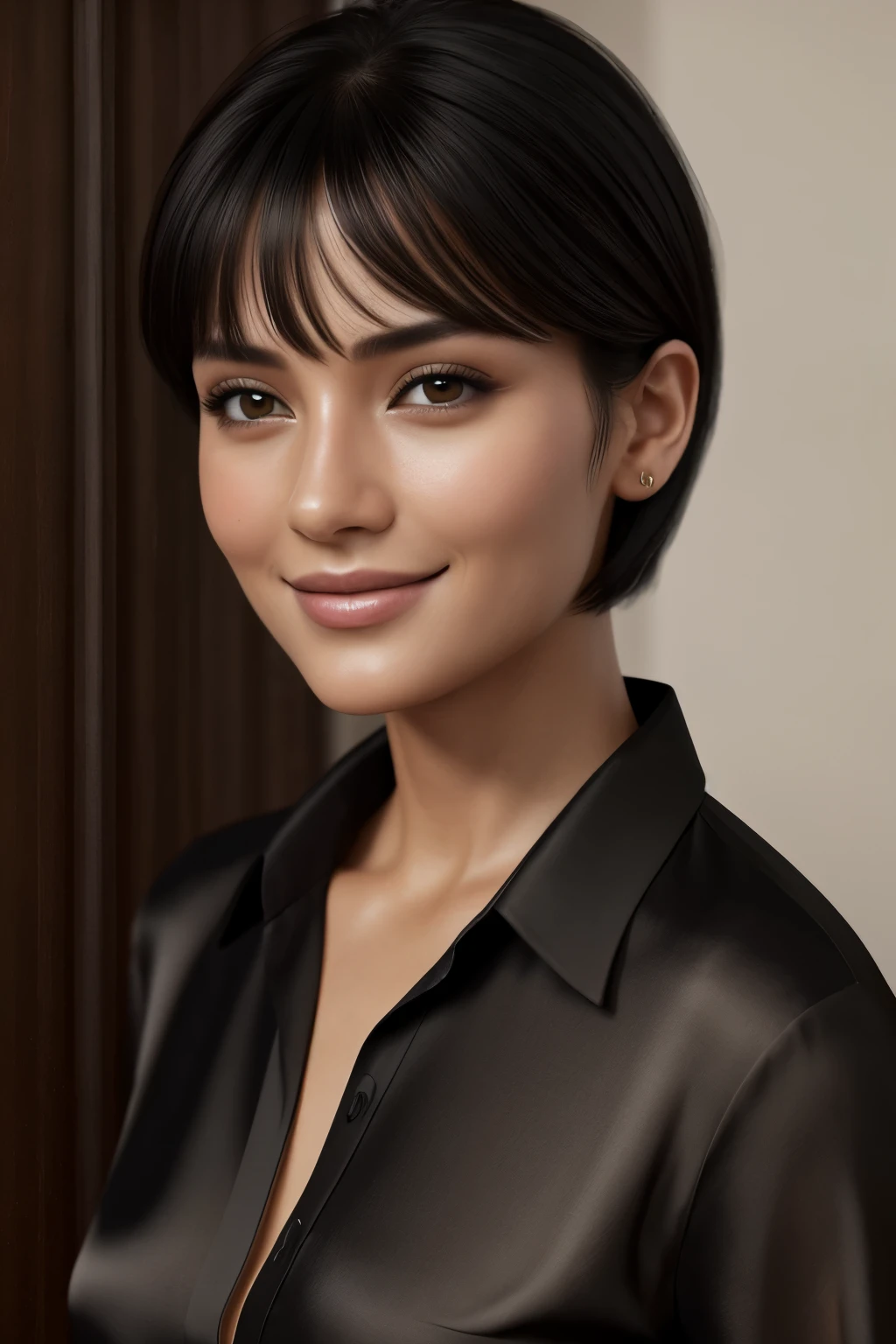 highest quality, Photorealistic, masterpiece, 8K, 1 person, Very beautiful woman, wearing a silk shirt, Short black hair, Straight Hair, Ultra-detailed eyes, Ultra-detailed skin textures, smile, View your viewers