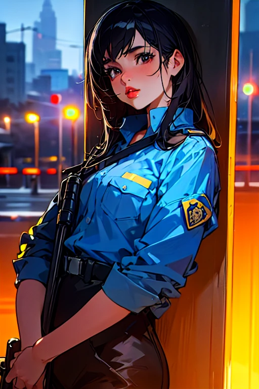 alone, (Police uniform, Female police officer), stockings, City lights, (Looking at the audience: 1.3), Release your lips, Red lips, Shiny skin, Skin dents, highest quality, Ultra-high resolution, (realism: 1.4),  