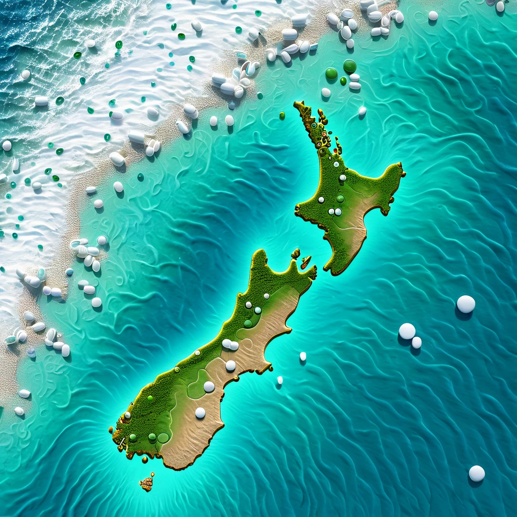 Medical pills of various colours, green, turquoise, aqua, White, and blue. Modelled like a map of New Zealand, traditional Maori artwork koru swirls around the map to resemble ocean currents,8k artistic photography, photorealistic concept art, soft natural volumetric cinematic perfect light