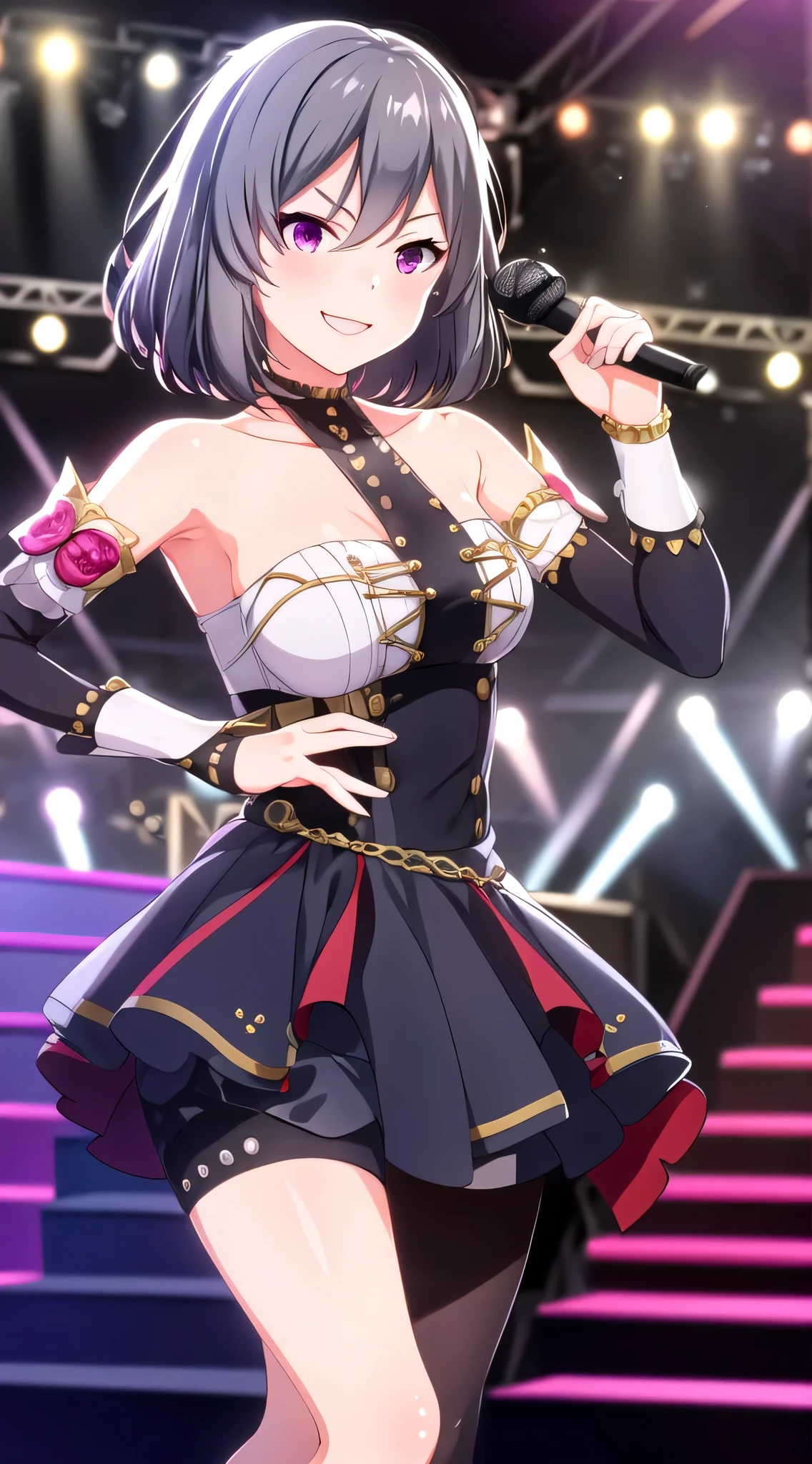 high quality, muste piece, idol uniform, 1 girl, solo, stage, dancing, seductive smile, have a microphone