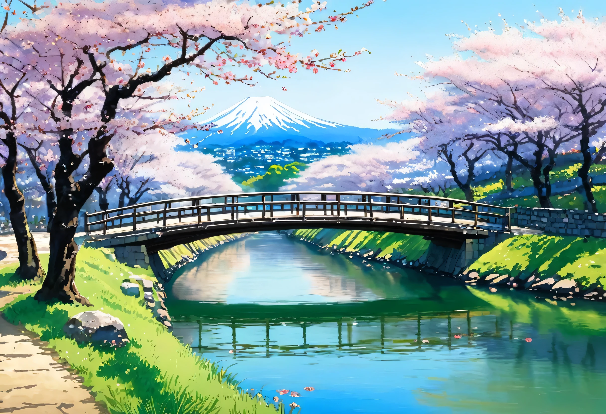River and bridge、And a picture of a bridge in the background, Photo by Johan Jongkind, Pixiv, ukiyo-e, Landscape painting, Japanese Landscape, Japanese Watercolor Painting, Cherry Blossom, The art of Japan, Cherry tree, The art of Japan style, hiroya oku painterly, Cherry Blossom, Cherry Blossom forest, Cherry Blossom trees, Cherry Blossoms