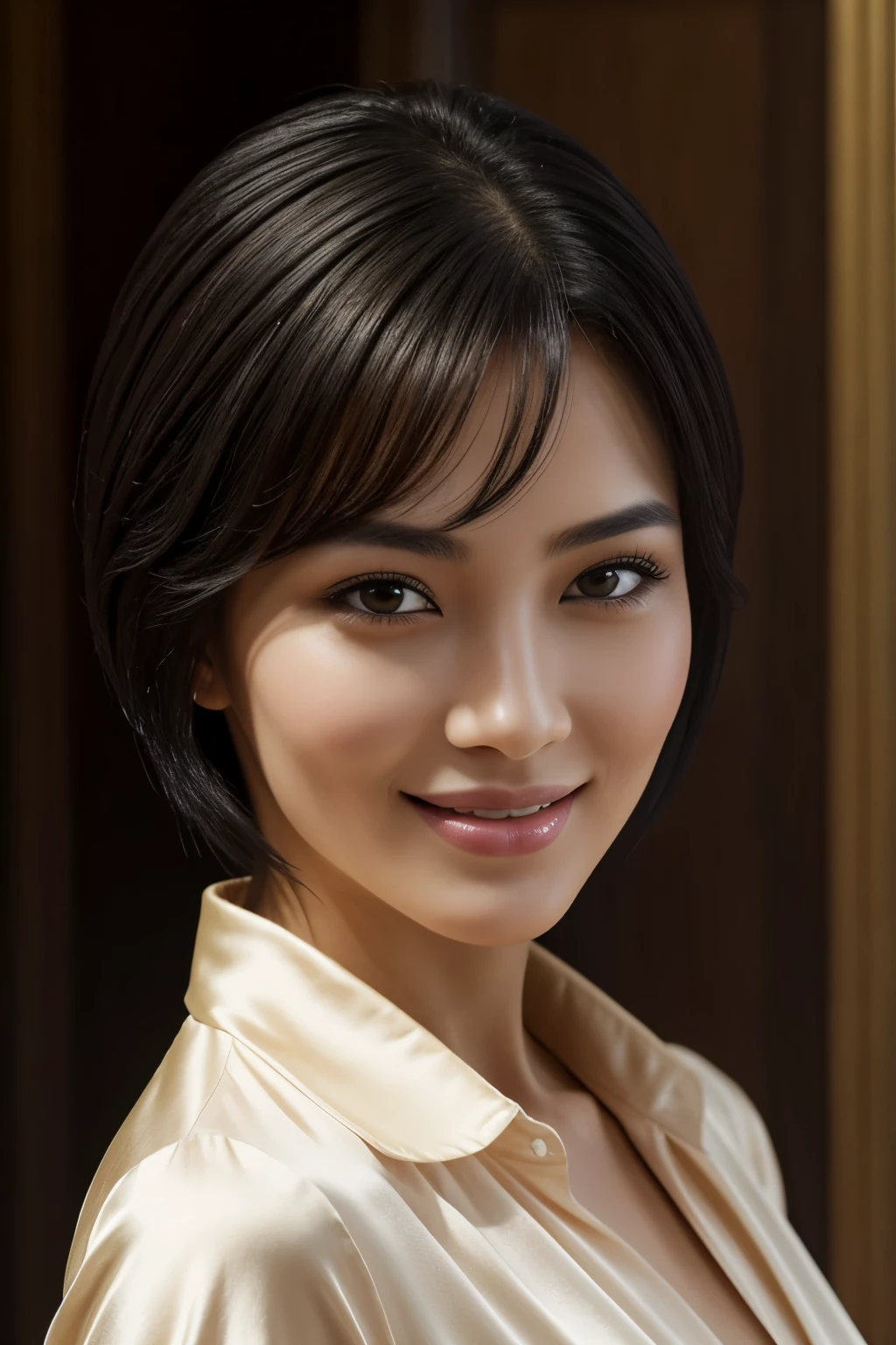 highest quality, Photorealistic, masterpiece, 8K, 1 person, Very beautiful woman, wearing a silk shirt, Short black hair, Straight Hair, Ultra-detailed eyes, Ultra-detailed skin textures, smile, View your viewers