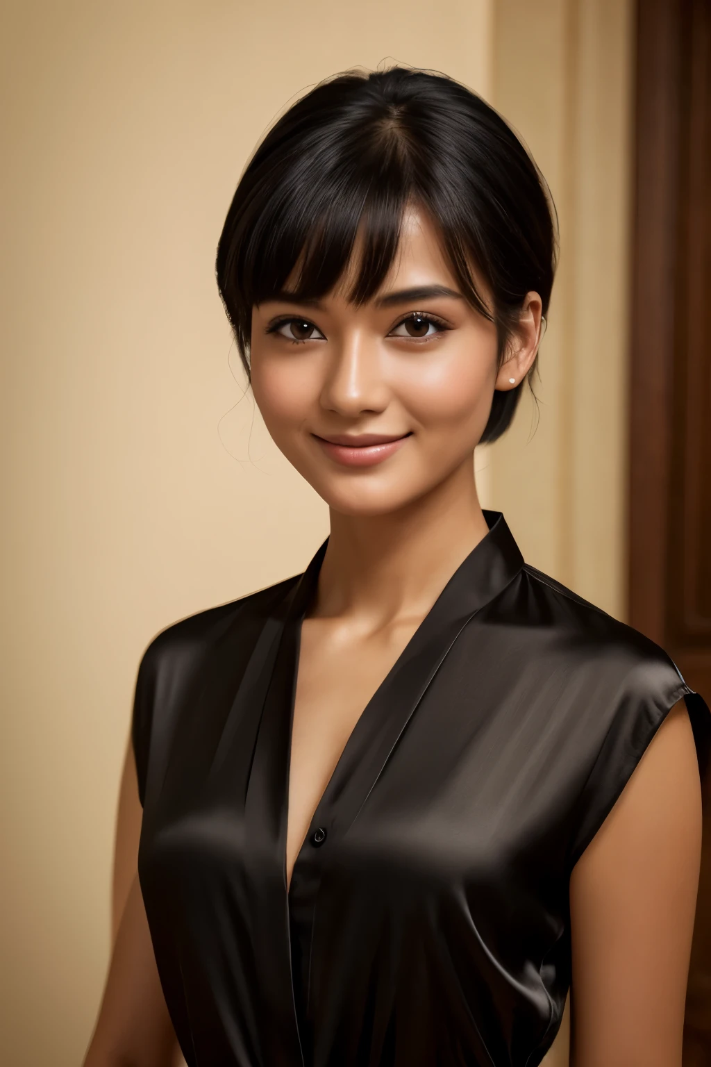 highest quality, Photorealistic, masterpiece, 8K, 1 person, Very beautiful woman, wearing a silk shirt, Short black hair, Straight Hair, Ultra-detailed eyes, Ultra-detailed skin textures, smile, View your viewers