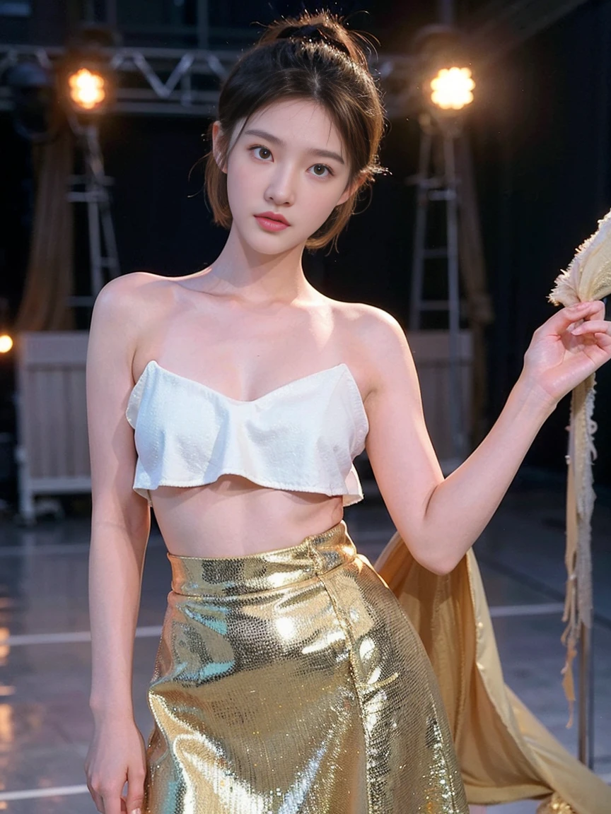 (8k, highest quality, ultra detailed:1.37), , 31yo, (a fashion model), short hair, struts confidently on the runway during a prestigious fashion week event. Naked, nude, shiny nipple, show armpit, Hana's elegance and poise captivate the audience. The high-resolution image captures ultra-detailed realism, highlighting Hana's captivating eyes, flawless complexion, and fashionable hairstyle. The glamorous runway and stylish set design add to the visual appeal, creating a visually stunning representation of success in the fashion industry, huge breast 