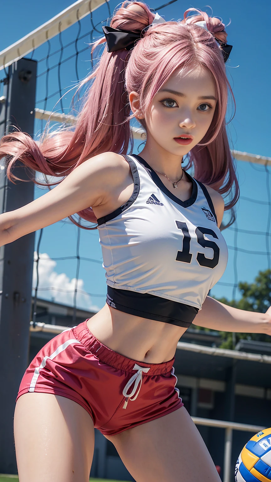 1girll,Twin-tailed,Colorful hair,The long-haired、Flying,pink bows,16-year-old female model,Side,ni、Volleyball wear、Buruma、Dark blue bloomers 、matte fabric bloomers、No gloss、Colossal 、kawaii、realisitic、pantiy、Idol、Volleyball game、Attack、action of hitting the ball, Solo, cute face , long , Volleyball Court, Volleyball uniform, Sleeveless, I can see my stomach, ((shortpants)), Eroi body, from below looking up, Wearing sweat, The costume is sheer, big tits, beauty legs, 8K