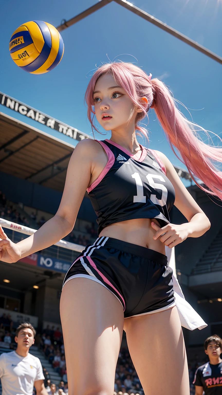 1girll,Twin-tailed,Colorful hair,The long-haired、Flying,pink bows,-yeld fee model,Side,ni、Volleyball wear、Buruma、Dark blue bloomers 、matte fabric bloomers、No gloss、Colossal 、kawaii、realisitic、pantiy、Idol、Volleyball game、Attack、action of hitting the ball, Solo, cute face , long , Volleyball Court, Volleyball uniform, Sleeveless, I can see my stomach, ((shortpants)), Eroi body, from below looking up, Wearing sweat, The costume is sheer, big tits, beauty legs, 8K