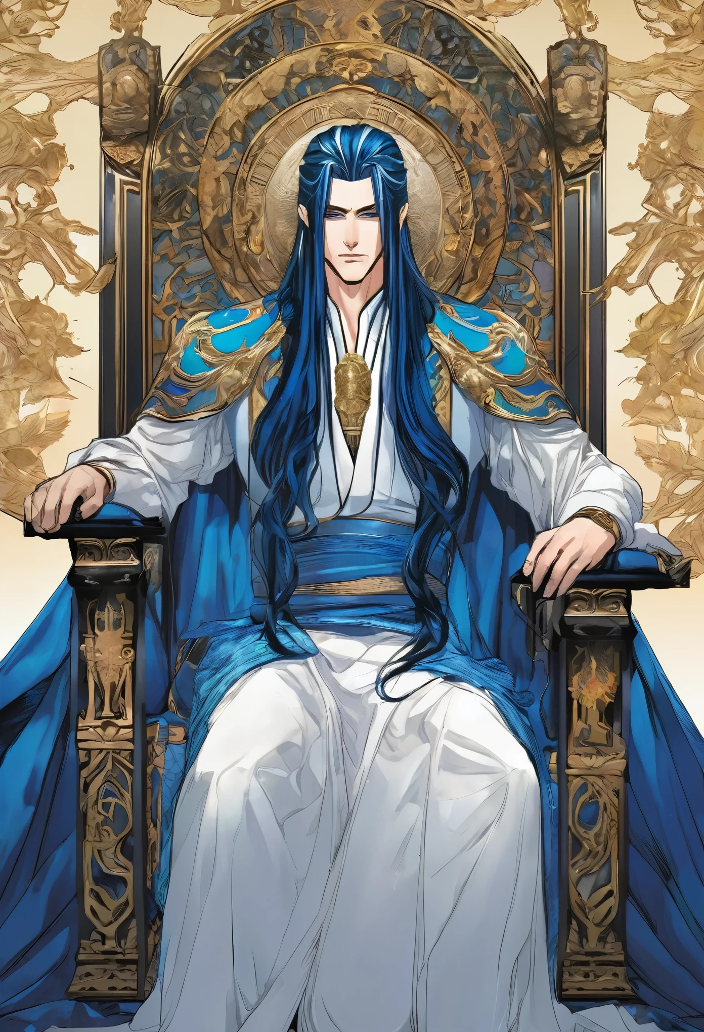 handsome man, long blue hair, hades, roman empire, sitting on the throne, manhwa