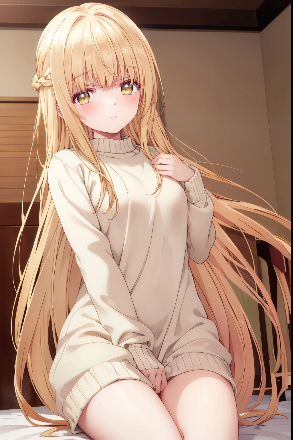 Mahiru shiina, , blonde, (Yellow Eyes:1.3)、Braided long hair,,blush,smile,Daytime、Captivating thighs、Beautiful bare legs, knit sweater
No sleeve
body line
arm pit、Very cute ta、Small breasts、Cat Pose
(masterpiece:1.2), highest quality, High resolution, unity 8k wallpaper, (shape:0.8), (Beautiful and beautiful eyes:1.6), Highly detailed face, Perfect lighting, Highly detailed CG, (Perfect hands, Perfect Anatomy),
