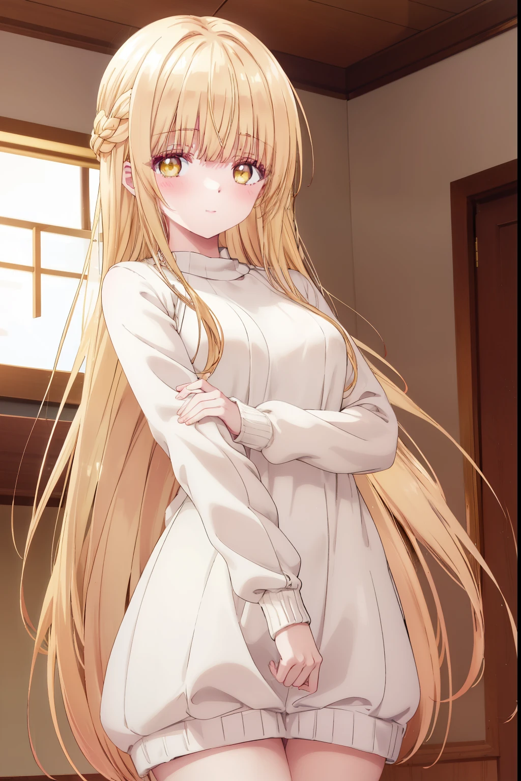 Mahiru shiina, , blonde, (Yellow Eyes:1.3)、Braided long hair,,blush,smile,Daytime、Captivating thighs、Beautiful bare legs, knit sweater
No sleeve
body line
arm pit、Very cute lolita、Small breasts、Cat Pose
(masterpiece:1.2), highest quality, High resolution, unity 8k wallpaper, (shape:0.8), (Beautiful and beautiful eyes:1.6), Highly detailed face, Perfect lighting, Highly detailed CG, (Perfect hands, Perfect Anatomy),