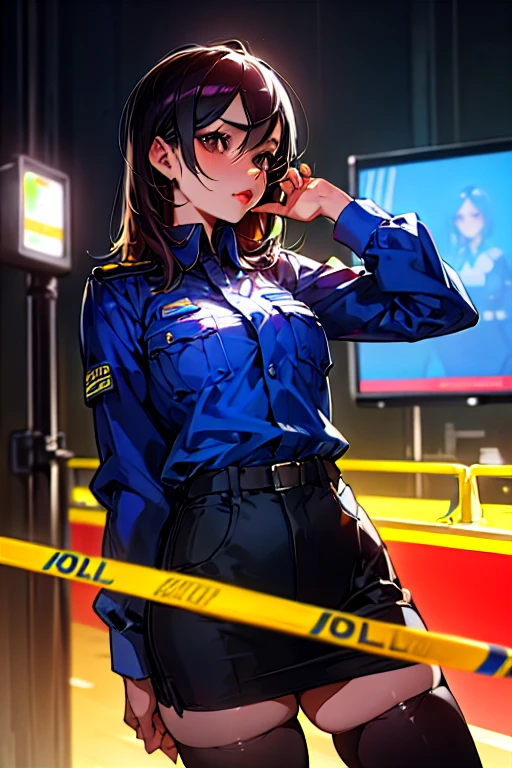 alone, (Police uniform, Female police officer), stockings, City lights, (Looking at the audience: 1.3), Release your lips, Red lips, Shiny skin, Skin dents, highest quality, Ultra-high resolution, (realism: 1.4),  