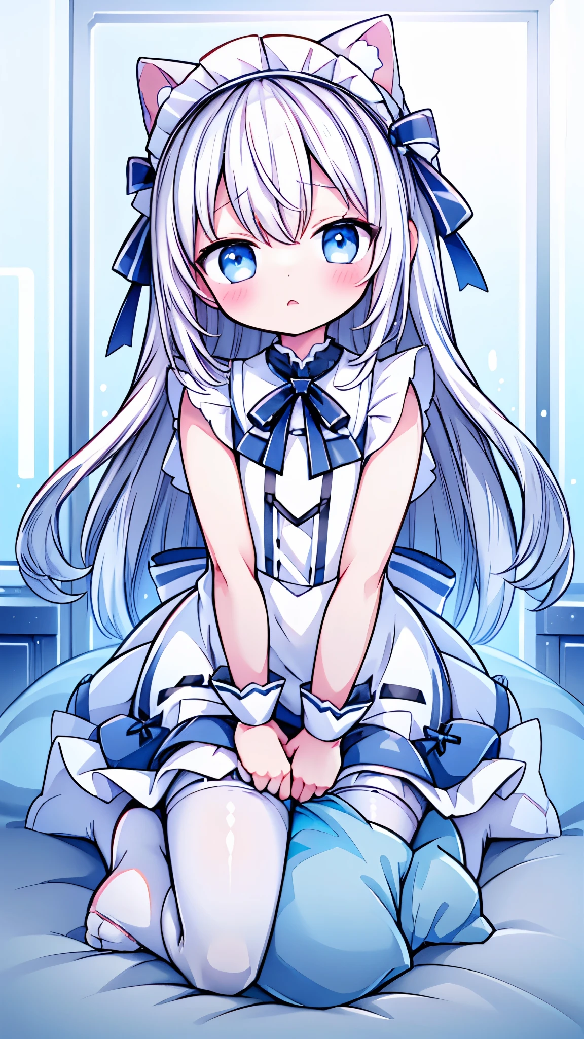 Long white hair,blue eyes,Light blue dress,On the bed,White pantyhose,,maid outfit,shy,blush, kneeling,Legs tucked under blanket