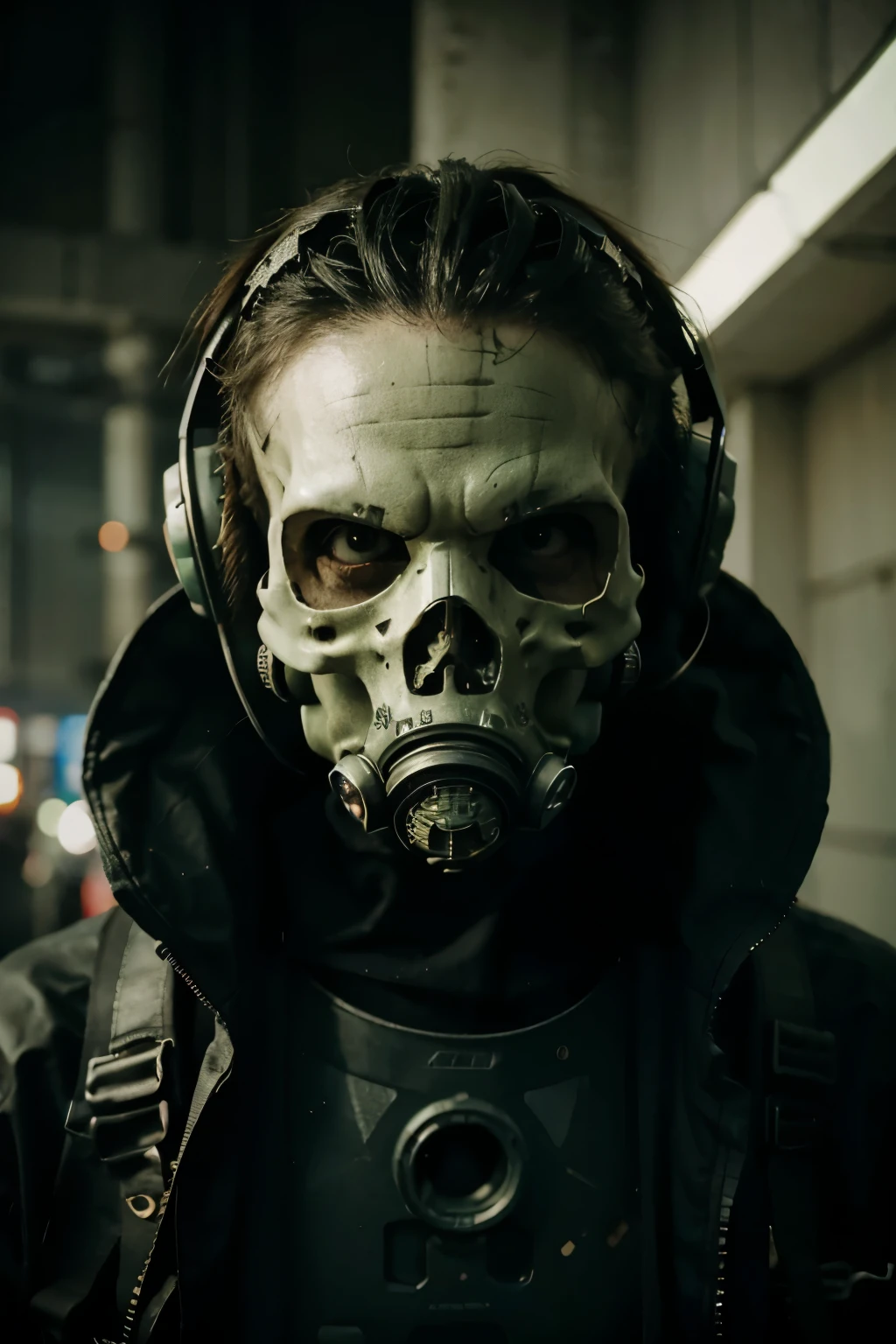 close-up cyberpunk skeleton in green gas mask