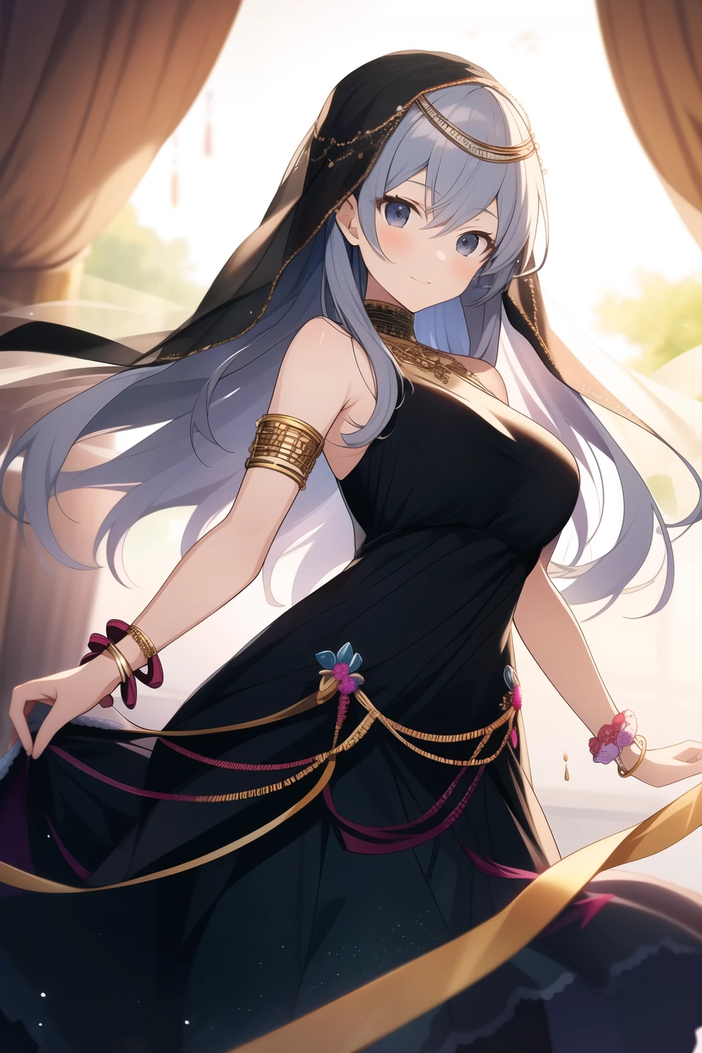 Anime girl with long gray hair and black eyes, wearing a flowy dress that follows her movements with bangles and bracelets on her wrist and a veil on her head, with bright decorations surrounding her