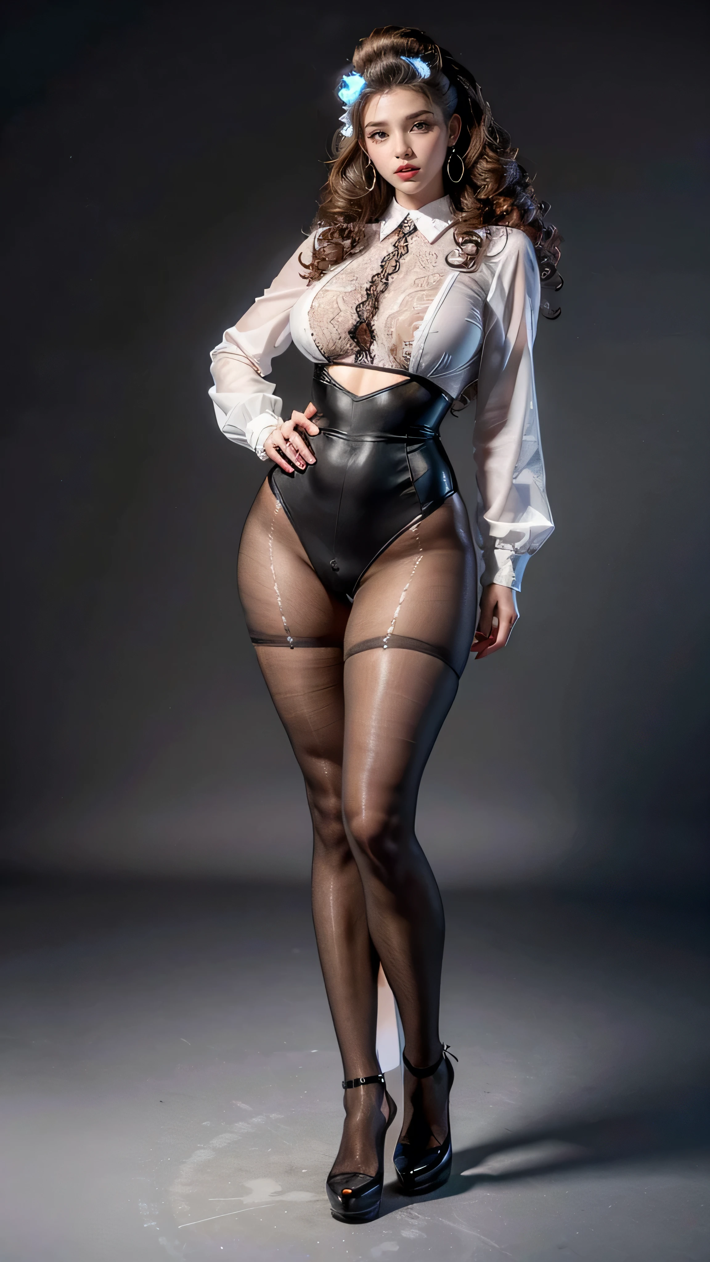 (masterpiece, best quality, Realistically, Work, Super detailed, 8k), ((Wide-angle lens, Full body female)), 1 girl,Light makeup,Exquisite facial features,Smile,Exquisite hairstyle, Long hair,Large Breasts,Correct finger structure,Work clothes,Lace shirt,Hip-hop style,fWorknet tights,Light brown hair, Hair behind the ears, Pompadour hairstyle, curls, Medium Long hair, Heart Earrings, Front standing posture,Full body portrait,Gray background