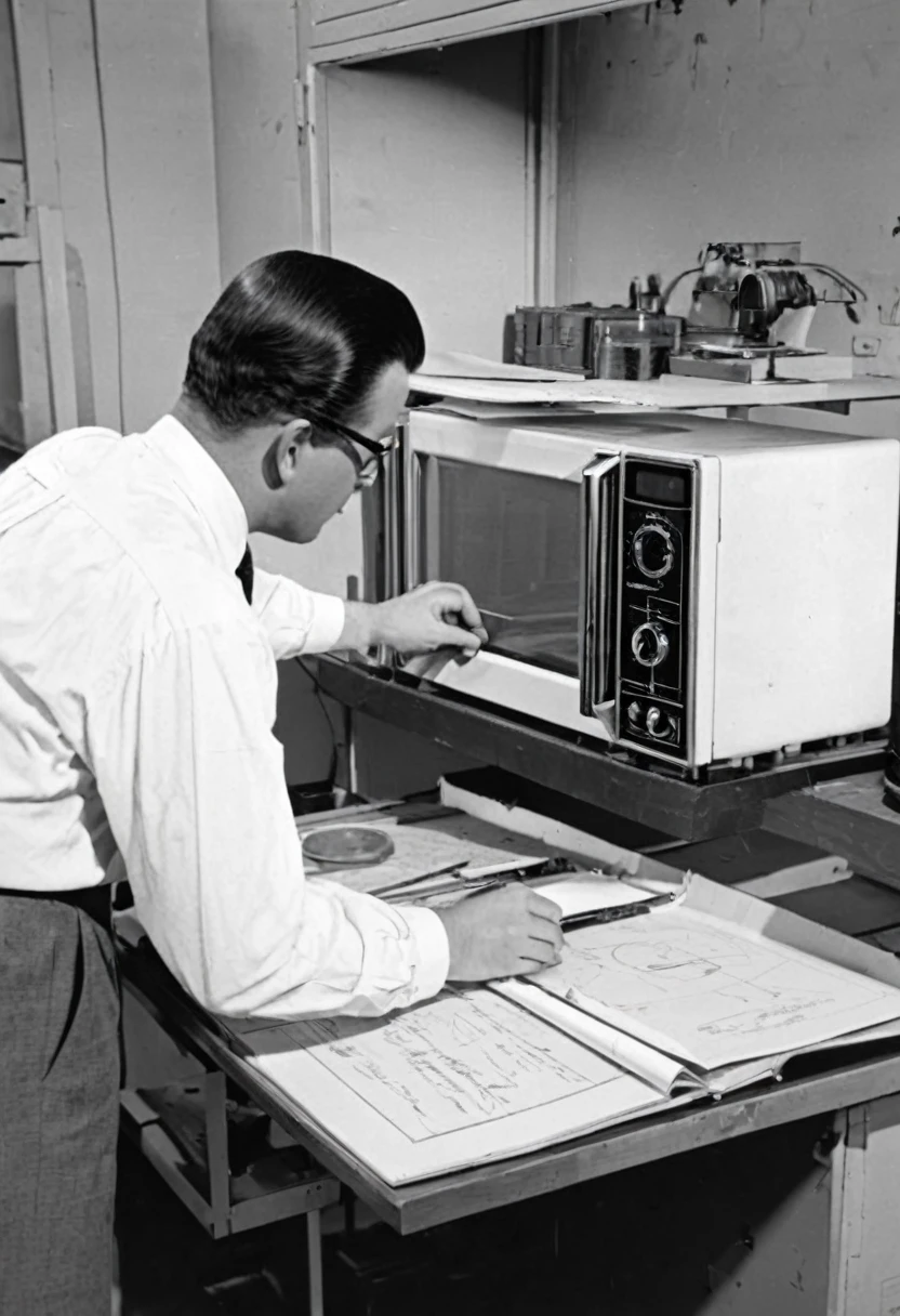 Start with Percy Spencer in the lab, working on radar equipment. Present a sketch of the microwave oven, highlighting its operation.