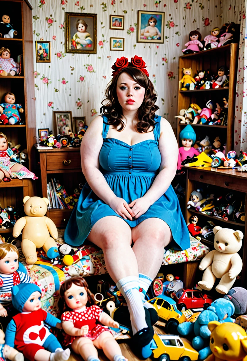 A photo of a nice lonely 30 year woman in a room full of all sorts of toys and other clutter, fat, chubby, obese, giantess, pale skin, unique face, tight clothes, dress, socks, brunette, rose on head, intricate scenery, high detail, color photography, messy yet aesthetically beautiful room, sitting next to wooden doll