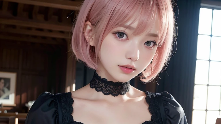 (Bob Cut Hair, Pink Hair:1.2),(Wearing black Gothic ta clothing:1.2),1 girl,Japanese,21 years old,(Small breasts:1.3),(highest quality,masterpiece:1.3,超A high resolution,),(Ultra-detailed,Caustics),(Photorealistic:1.4,RAW shooting,)Ultra-Realistic Capture,Very detailed,High resolution 16K human skin close-up。 Natural skin texture、,Pores、、It needs to be detailed enough to be easily identifiable。 Skin should be even-toned and healthy looking。 Use natural light and colour, Sad expression, Looking at the camera, Perfect dynamic composition, Inside the church
