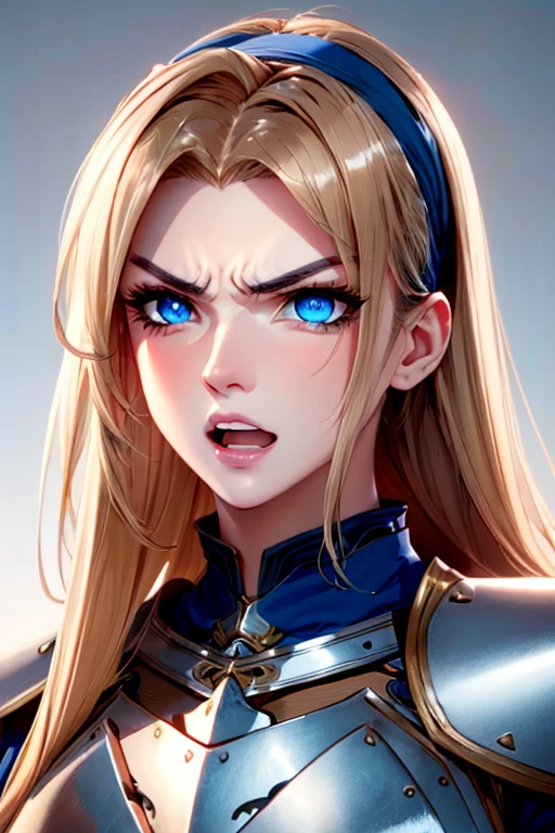 mascara, white background, 1 grl, full lips, long hair, close up, glowing, Angry, open mouth, blonde, gorgeous face, blue eyes, hair wind, steel breastplate, gorgeous hair, rim lighting, steel armor, plate armor, light (brown) headband, brown headband
