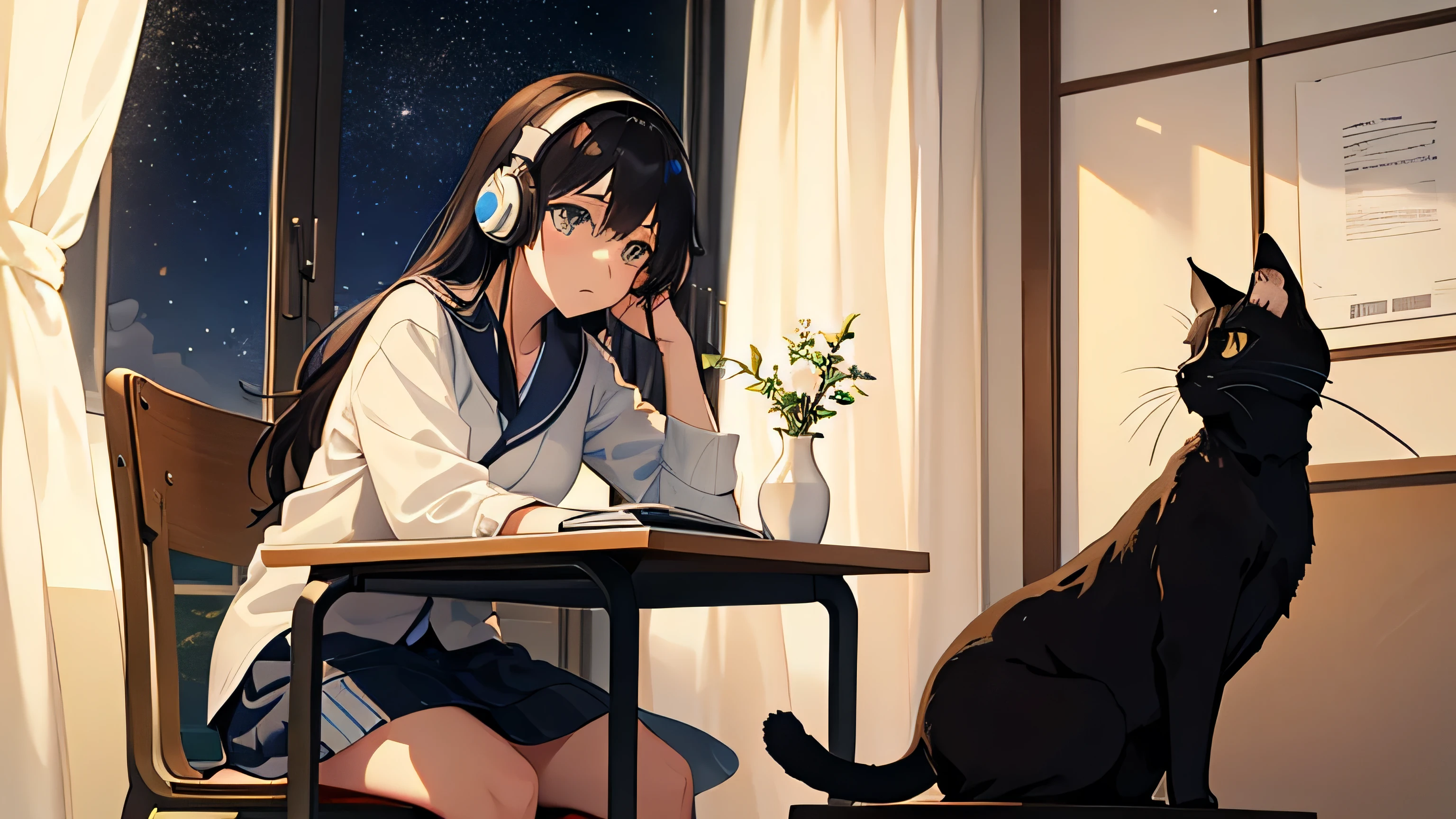In a study room, a beautiful girl sits in a chair, accompanied by two cats. She listens to music with headphones while studying. The room is lit warmly, and outside, the starry sky stretches on. A black cat sleeps peacefully nearby. This scene is depicted in a Japanese anime style.