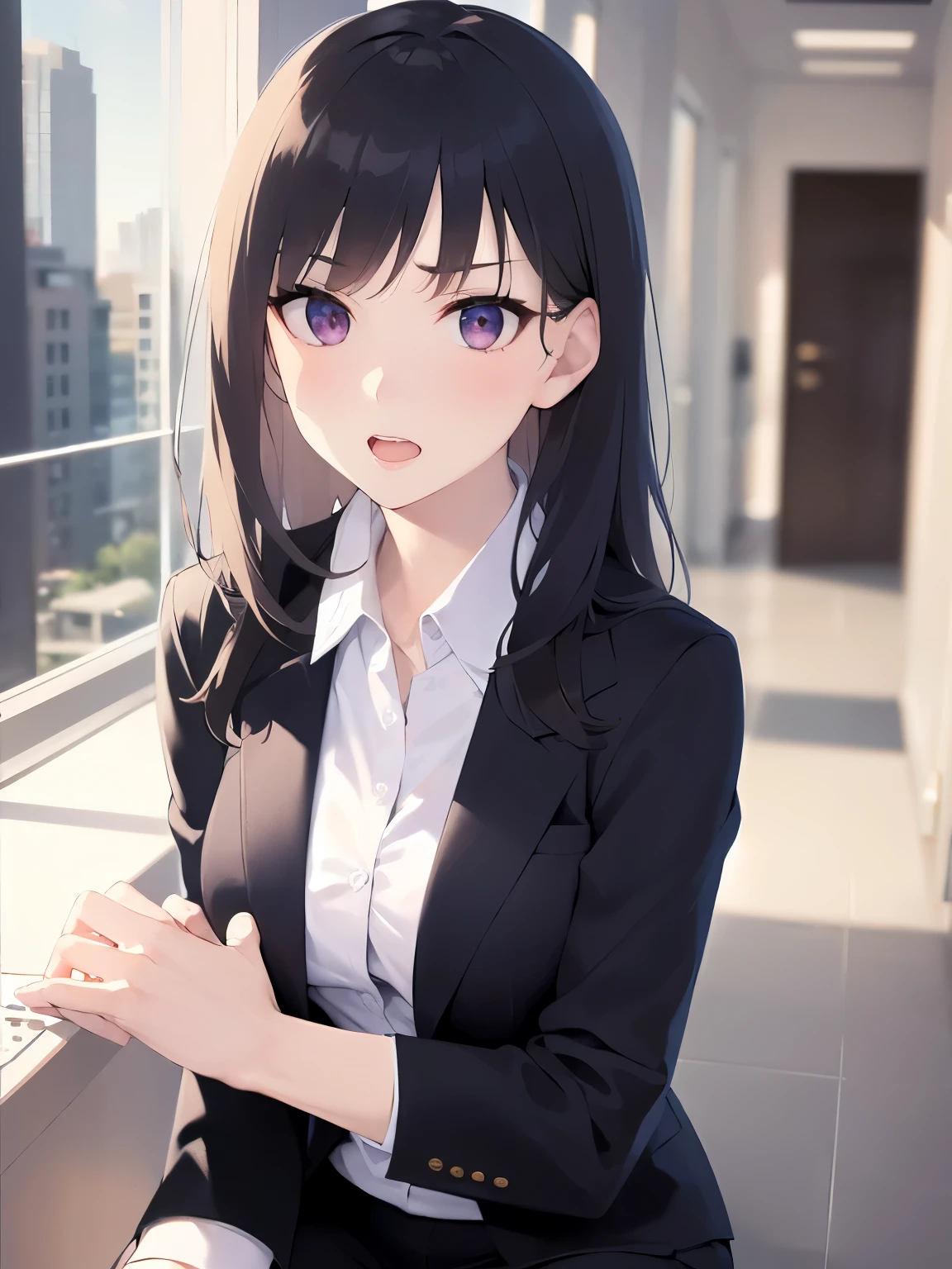 (hand between legs, wariza:1.3), Real person, (Pale skin: 1.2), RAW Photos, Realistic, Portrait Photography, Shiny skin, Shiny Hair、(A 25-year-old woman with straight hair and bangs) and (medium hair) and (black hair) and (purple eyes) , (business suit:1.8) and(White collared shirt) and (skirt), (scowl:1.5), open mouth, The background is an office hallway、