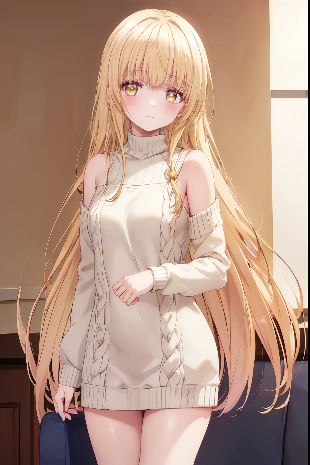 Mahiru shiina, , blonde, (Yellow Eyes:1.3)、Braided long hair,,blush,smile,Daytime、Captivating thighs、Beautiful bare legs, Sidehowing armpits、セクシーなknit sweater 
No sleeve 
body line 
arm pit、very cute、Lolita、Small breasts
（masterpiece:1.2), highest quality, High resolution, unity 8k wallpaper, (shape:0.8), (Beautiful and beautiful eyes:1.6), Highly detailed face, Perfect lighting, Highly detailed CG, (Perfect hands, Perfect Anatomy),