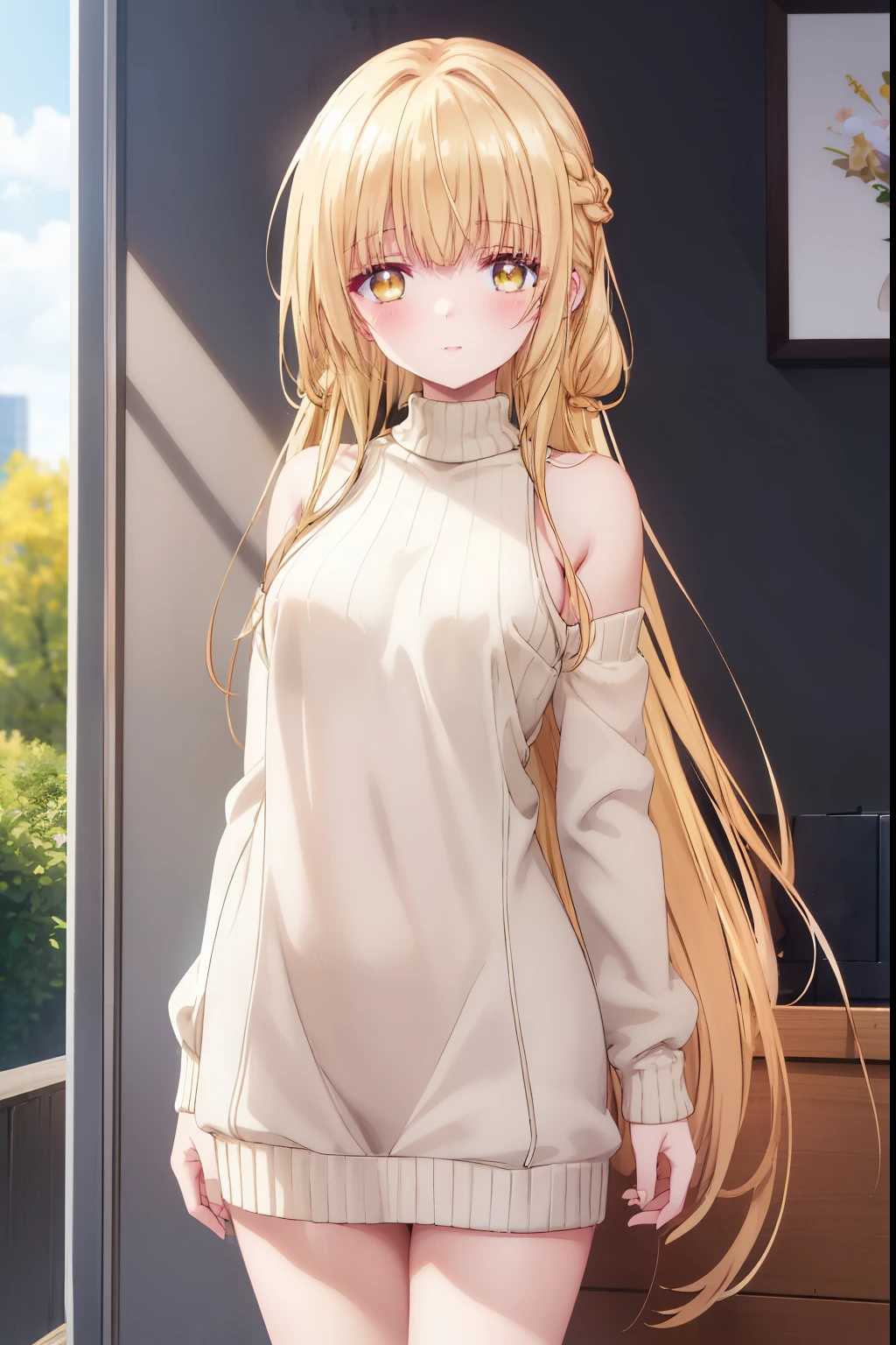 Mahiru shiina, , blonde, (Yellow Eyes:1.3)、Braided long hair,,blush,smile,Daytime、Captivating thighs、Beautiful bare legs, Sidehowing armpits、セクシーなknit sweater
No sleeve
body line
arm pit、very cute、ta、Small breasts
(masterpiece:1.2), highest quality, High resolution, unity 8k wallpaper, (shape:0.8), (Beautiful and beautiful eyes:1.6), Highly detailed face, Perfect lighting, Highly detailed CG, (Perfect hands, Perfect Anatomy),