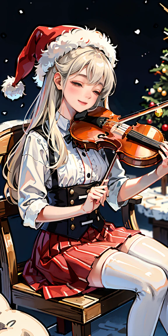 Girl in Christmas dress cotton clothes, Snowy night background, playing violin, Smile, Lovely, Close your eyes, White messy long curly hair, Red cloud hat, Red skirt, Sexy, Relax on the chairs in the cabin, fireplace, comfortably, Black and white striped stockings,3 minutes