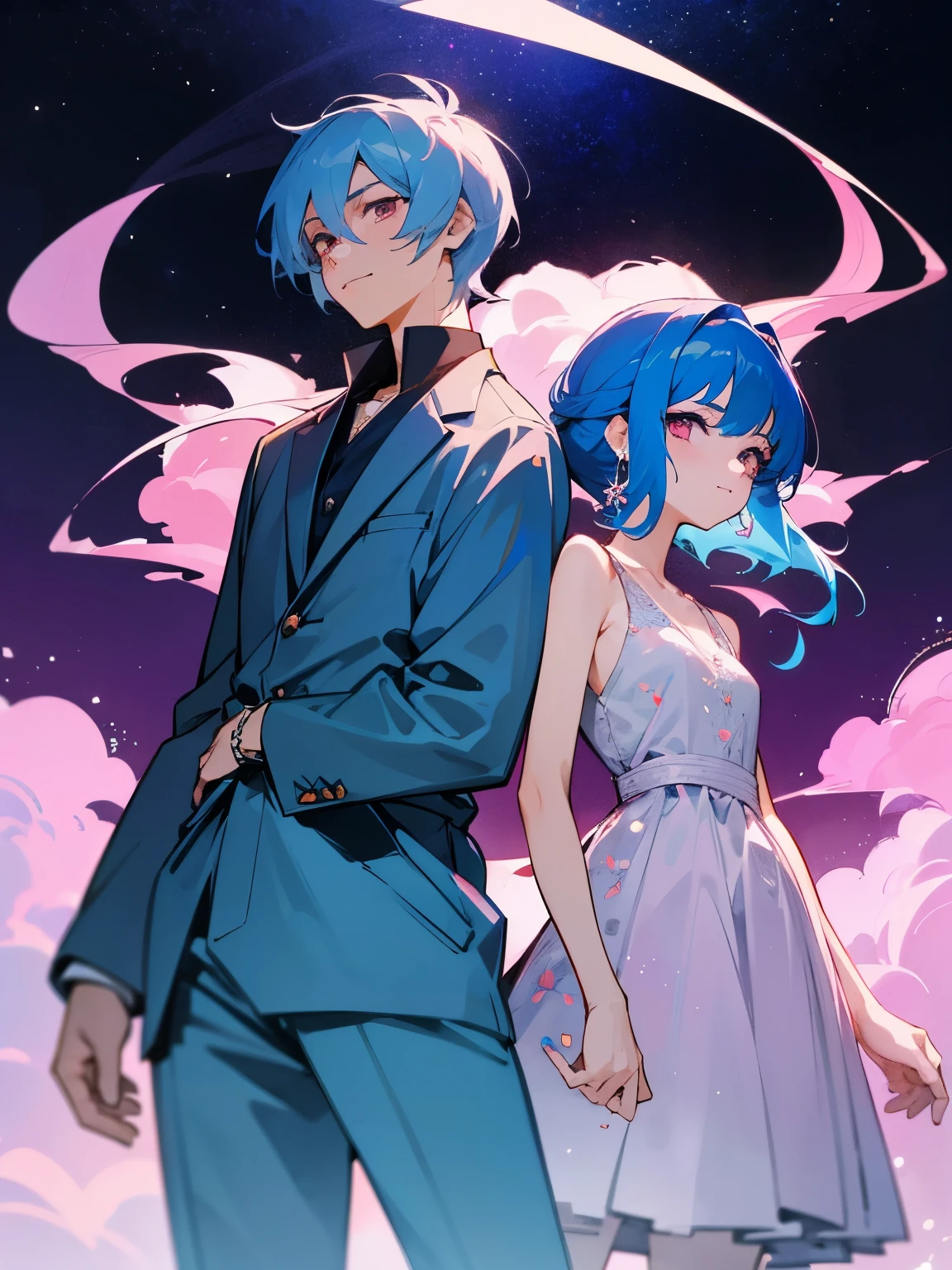 cartoon of a boy and a girl standing close together, ddlc, in the art style of 8 0 s anime, 9 0 s anime style, 90s anime style, in anime style, in an anime style, anime aesthetic, anime vibes, 9 0 s anime aesthetic, 9 0 s anime art style, lofi boy and girl, beautiful background outside, background at night with stars and a moon, fairy lights, beautiful background in a floral garden with fairy lights at night, a cute boy and a cute girl, beautiful faces, a boy and a girl, don't extra hands, NO extra hands, generate a boy and a girl with NO extra hands, NO extra arm, the boy has a short hairstyle and the girl has a long hairstyle, the boy has blue hair, the girl has pink hair, pretty faces, cute pretty boy in a smoking dress, cute pretty girl in a beautiful dress, with amazing smile, boy has a pretty smile, girl has a cute smile