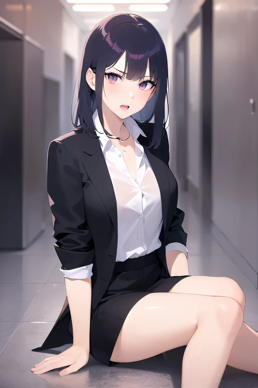 (hand between legs, wariza:1.3), Real person, (Pale skin: 1.2), RAW Photos, Realistic, Portrait Photography, Shiny skin, Shiny Hair、(A 25-year-old woman with straight hair and bangs) and (medium hair) and (black hair) and (purple eyes) , (business suit:1.8) and(White collared shirt) and (skirt), (scowl:1.5), open mouth, The background is an office hallway、