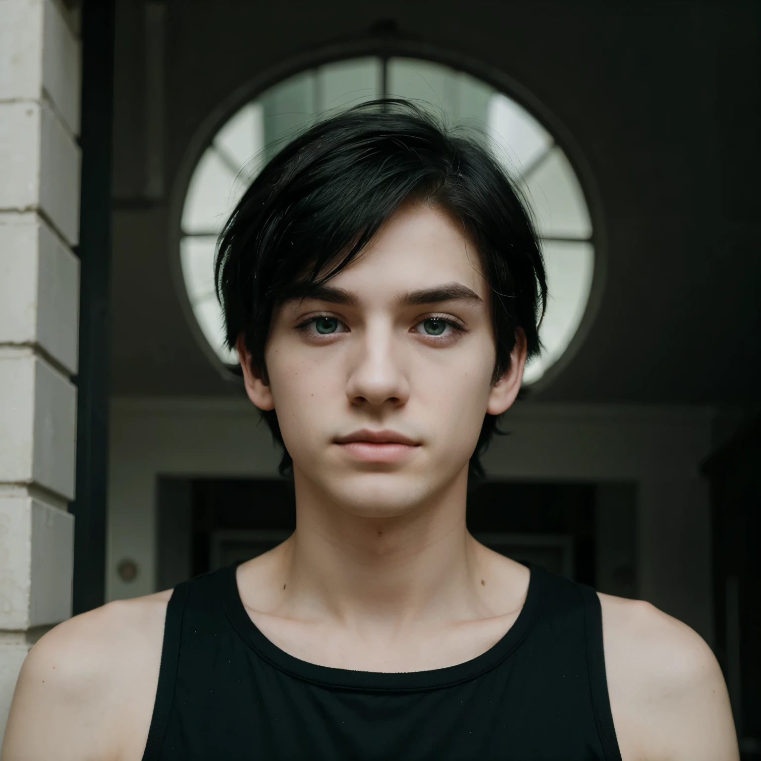 Gorgeous emo boy, green eyes, pale skin, black hair.