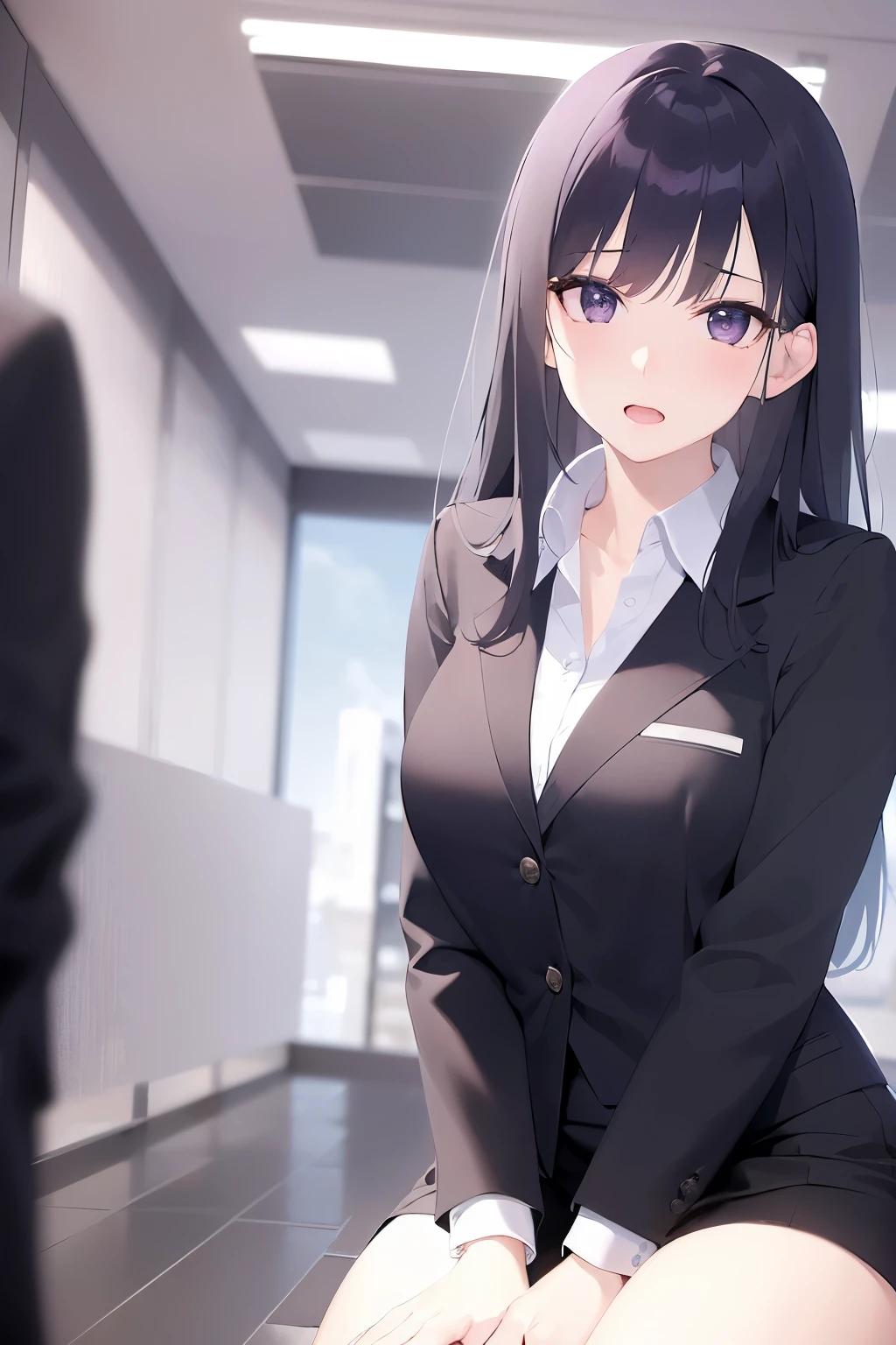 (hand between legs, wariza:1.3), Real person, (Pale skin: 1.2), RAW Photos, Realistic, Portrait Photography, Shiny skin, Shiny Hair、(A 25-year-old woman with straight hair and bangs) and (medium hair) and (black hair) and (purple eyes) , (business suit:1.8) and(White collared shirt) and (skirt), (scowl:1.5), open mouth, The background is an office hallway、