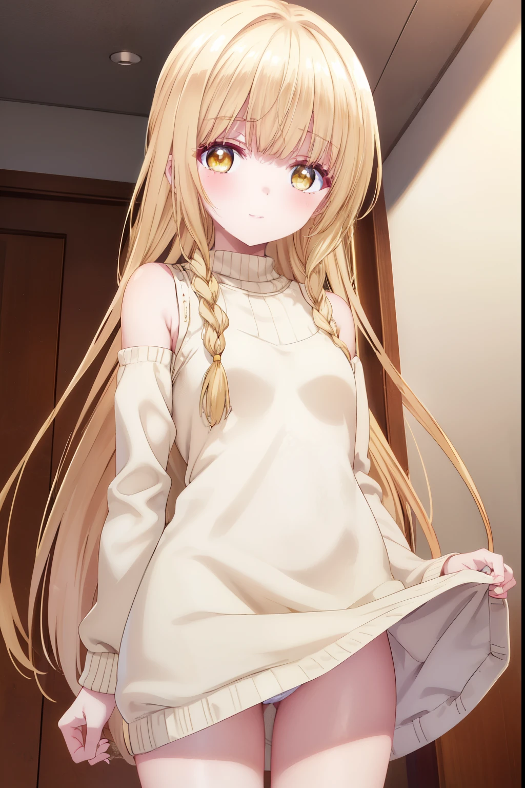 Mahiru shiina, , blonde, (Yellow Eyes:1.3)、Braided long hair,,blush,smile,Daytime、Captivating thighs、Beautiful bare legs, Sidehowing armpits、Shoulder Bare、セクシーなknit sweater 
No sleeve 
body line 
arm pit、very cute、Lolita、Small breasts
（masterpiece:1.2), highest quality, High resolution, unity 8k wallpaper, (shape:0.8), (Beautiful and beautiful eyes:1.6), Highly detailed face, Perfect lighting, Highly detailed CG, (Perfect hands, Perfect Anatomy),