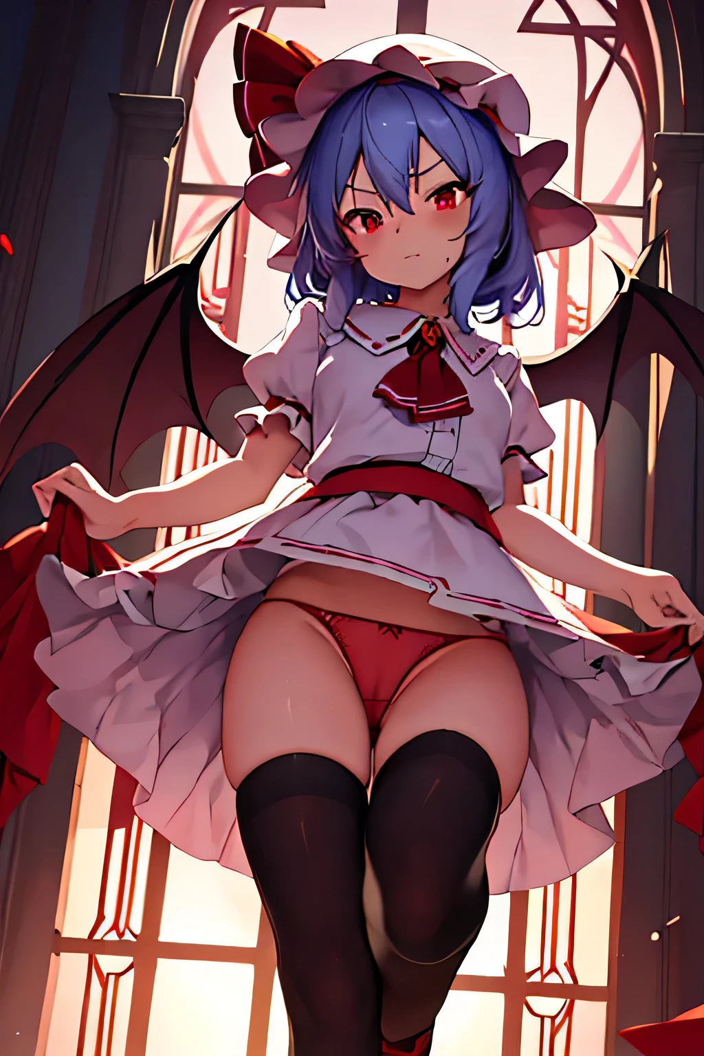 full body, remilia_scarlet, Highlights in the eyes, embarrassed from, short sleeves, standing, skirt lifted, lifted by self, red underwear, drooping eyebrows, closed mouth, city, crowds, blushed, Watery eyes, black knee socks, lifting skirt, lifting skirt with both hands, Looking up angle, showing underwear,