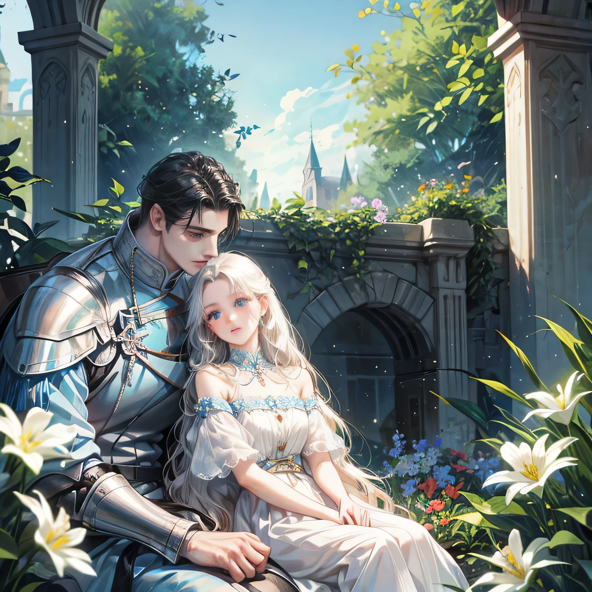 A woman with white long wavy hair, and blue sky eyes sitting in garden full of flower with a black haired man as her knight