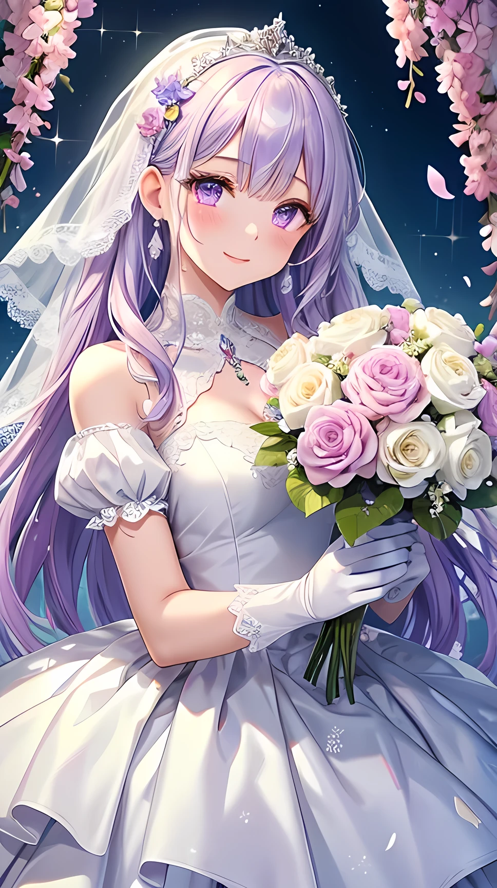 Super High Resolution Super Quality、anime、Zoom in Enlarge Colorful flowers、tears 、Smile、Fantasy、High texture of clothing, princess white dress, realistic texture, luxurious pure white wedding dress, dress with sparkling jewels, silver decoration, platinum, white gloves, joy, beautiful girl has a nice body, spring, lilac hair, eye highlights, purple eyes, upper body, bouquet, lace veil, snap, marble green garden