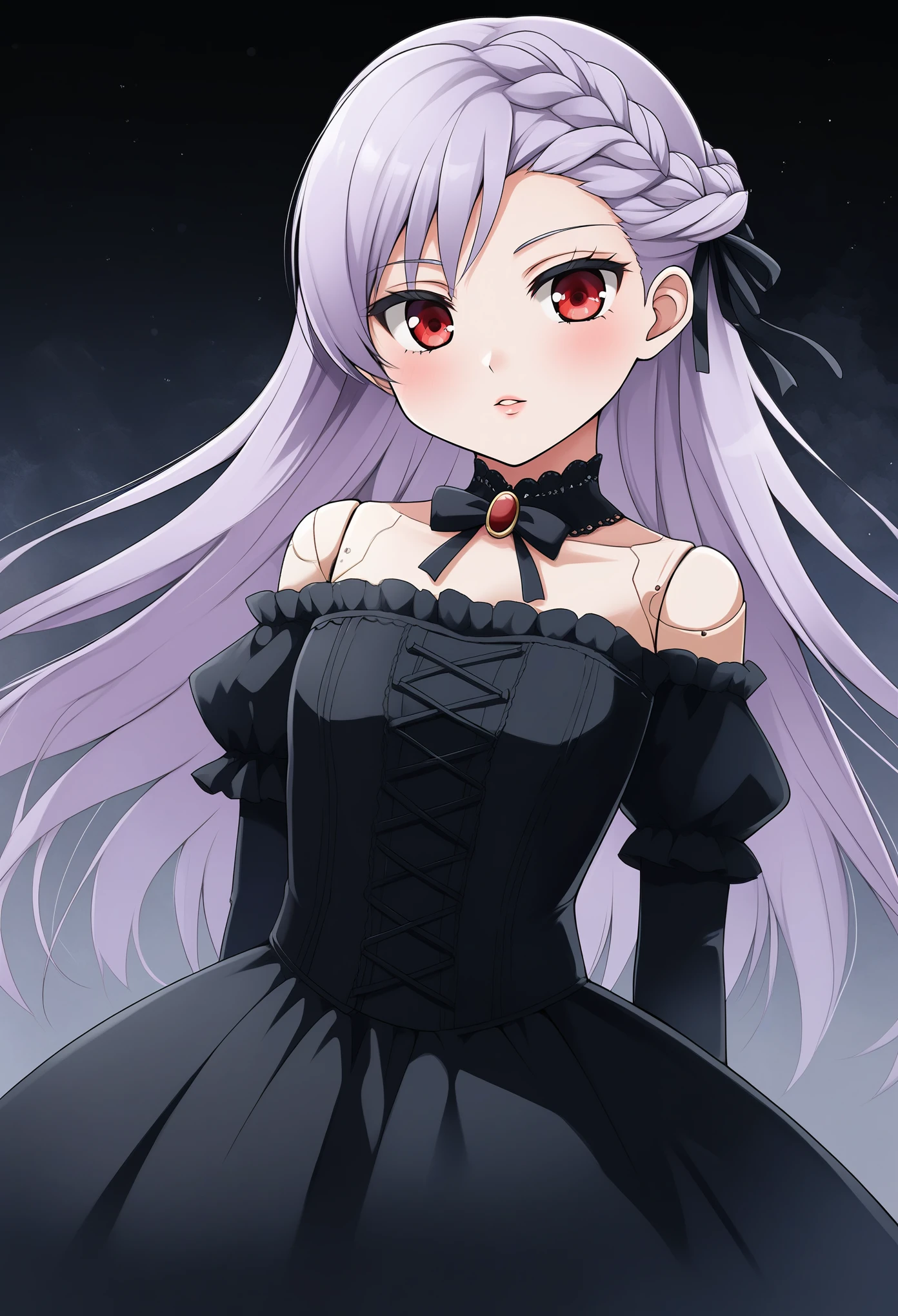 masterpiece, illustration, best quality, menacingjojo, cg, wallpaper, 1girl, solo, light purple hair, long hair, french braid, single sidelock, red eyes, multicolored eyes, small breasts, flat chest, , victorian dress, embellished dress, black dress, corset, neckwear, off-shoulder dress, frills, doll, doll joints, dynamic pose, leaning back, from below, looking down, looking at viewer, arms behind back, text, upper body, portrait, cold, neutral