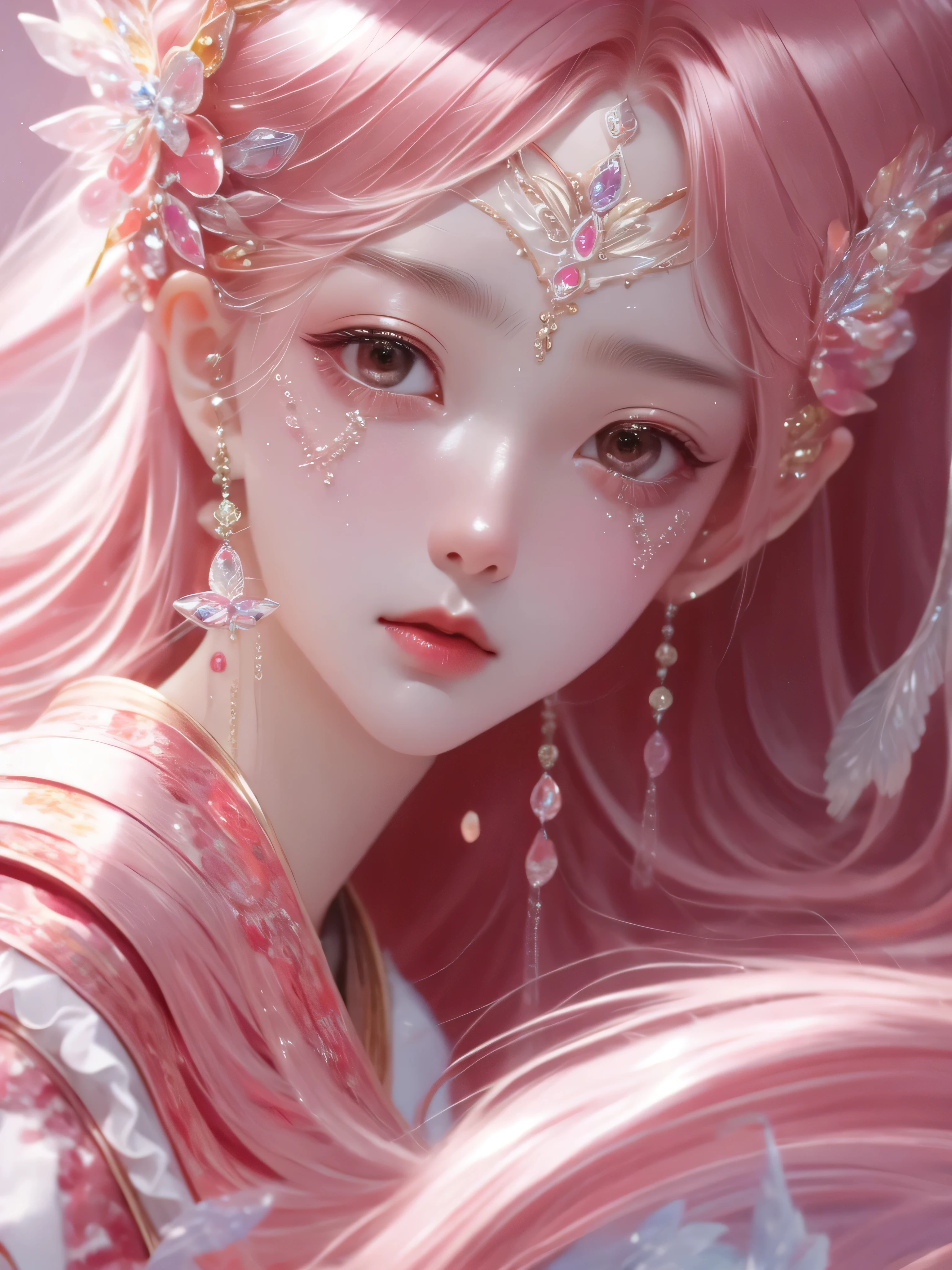 ((masterpiece)),((best quality)),(Super detailed),(illustration),((extremely delicate and beautiful)),(Dynamic Angle),China Dragon,China,1 Girl,(Beautiful and delicate eyes) ,Pink Hair，Cute pink eyes,Pink Student,delicate face,Upper part of the body,messy flowing hair,Messy hair,focus on,Perfect hands