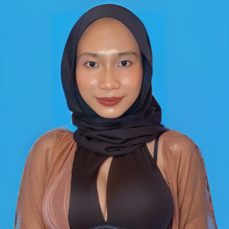((Best quality, 8k, Masterpiece :1.3)), torso body, Sharp focus :1.2, A hijab wearing woman with slender body:1.4, (((wearing peach colored bra and panties ONLY))), Slender shoulder:1.2, ((brown skin, Big breasts :1.2)), Highly detailed skin texture, Detailed cleavage, exposed shoulders and arms, (sweating), (glowing skin), (puffy anime sized tits), Portrait photo