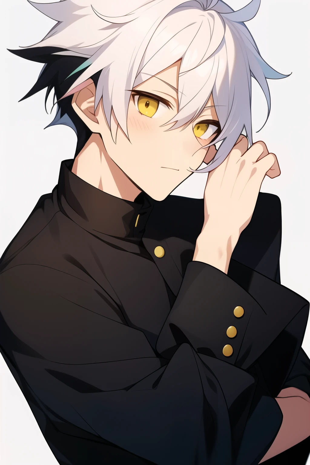 anime boy, black hair from his nape, white hair on the sides and top part of his head, dark yellow eyes, resembles hatsuharu sohma