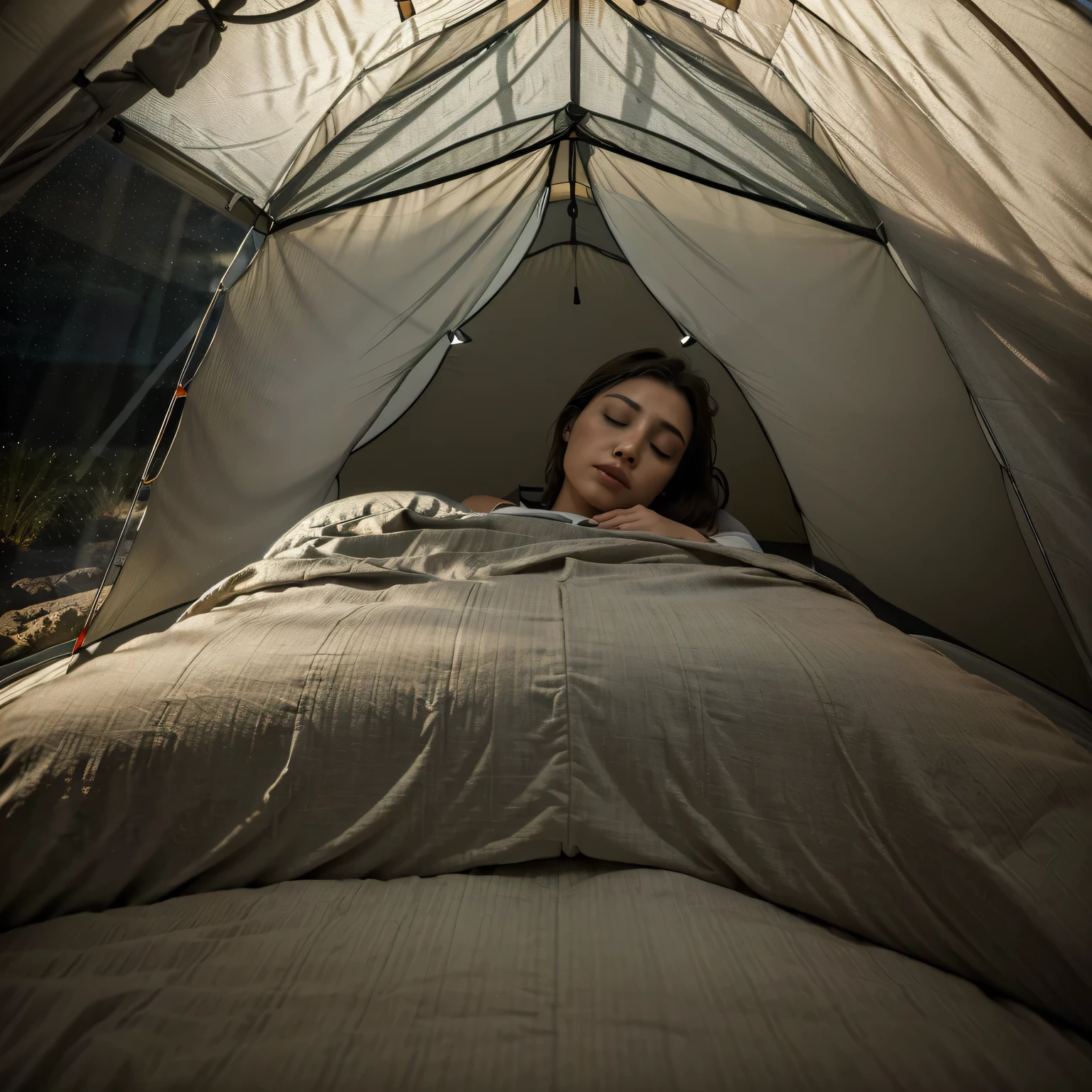(masterpiece, 8K, UHD, photo-realistic:1.3), a woman, just wearing thin clothes, sleeping supine peacefully, inside a (tent:1.2), soft ambient tent lighting, tent window revealing a tranquil night landscape, with views heavy rain at the pine forest