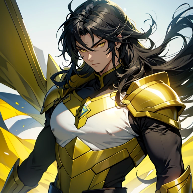 handsome young man, young appearance, slim build, fair complexion, long wavy black hair, yellow eyes, green shirt, Saint Seiya silver color armor shield theme.