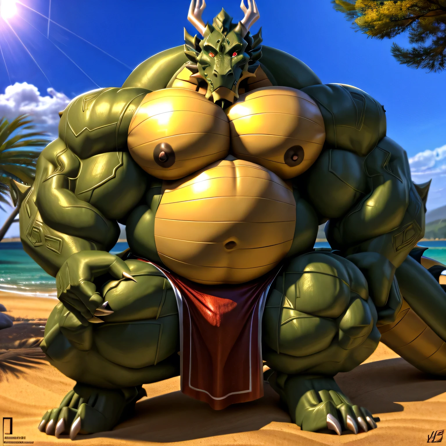 shendu, eastern dragon king, male dragon, eastern dragon,hefty body, with very big muscles, hulking, huge, colossal body, extremely strong, big abdominal muscles, hefty musclegut, pecs, Strong and robust musclegut , prominent muscle abs, sharp claws, legs, feet, full body, loincloth, nipples, sunlight, daylight, outdoor, bright , at noon, good weather, 4k, best quality,