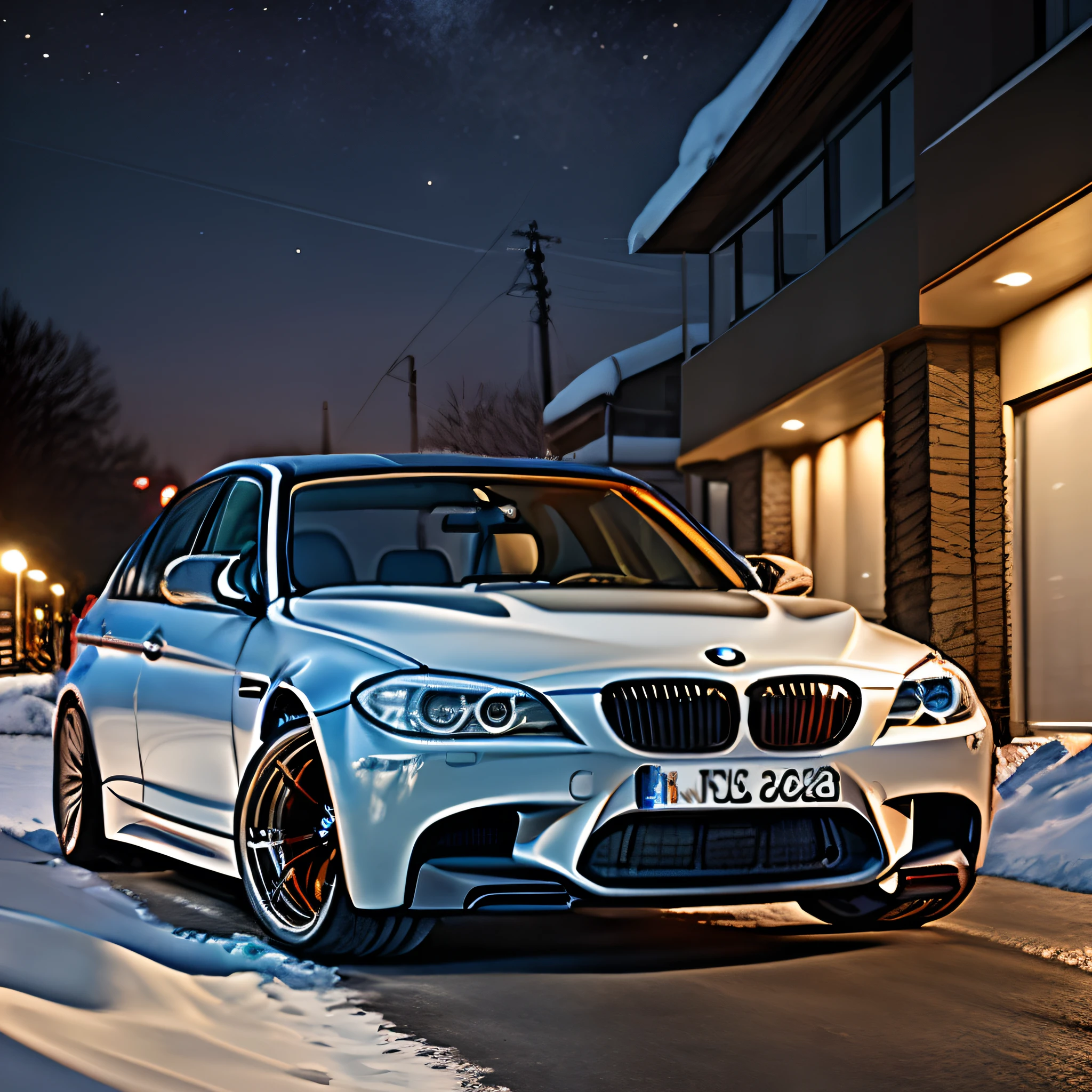 BMW M5 e60 in the snow at night