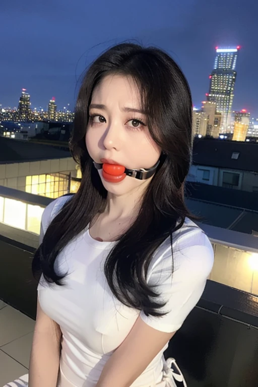 ((Midnight, Best quality, 8k, Masterpiece :1.3)), Whole body, Long legs, Sharp focus :1.2, A pretty woman with perfect figure :1.4, Slender abs :1.1, ((Dark brown hair, Big breasts :1.2)), (White tight tshirt, Jean bib, Standing:1.2), ((Night city view, Rooftop:1.3)), Highly detailed face and skin texture, Detailed eyes, Double eyelid, ballgag 