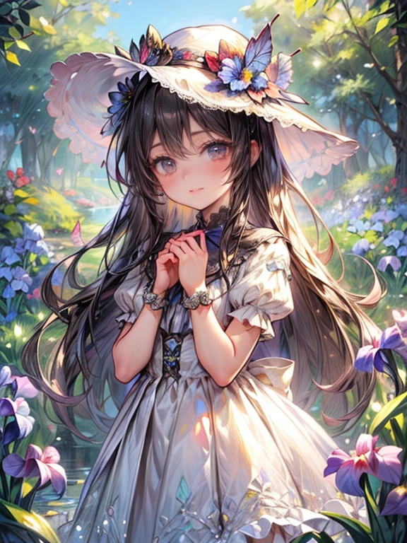 masterpiece:1.2,highest quality, 16k, ultra-realistic:1.37, beautiful detailed, cute girl, standing stylish sun shade formal hat with ribbon and vibrant colors irises ornaments, through bangs, long eyelash, sparkling eyes, shining lips, gently smile, beautiful delicate(hat, ornament, hair, face, eyelash, eyes, pupils, lips, hands, white dress), garden(flowers, irises, butterfly, pond)