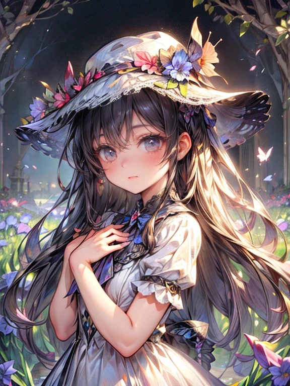 masterpiece:1.2,highest quality, 16k, ultra-realistic:1.37, beautiful detailed, cute girl, standing stylish sun shade formal hat with ribbon and vibrant colors irises ornaments, through bangs, long eyelash, sparkling eyes, shining lips, gently smile, beautiful delicate(hat, ornament, hair, face, eyelash, eyes, pupils, lips, hands, white dress), garden(flowers, irises, butterfly, pond)